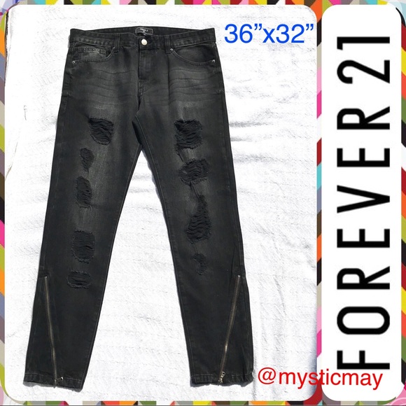 Forever 21 Other - F21 Men’s Black Destroyed Zip Leg Jeans 36x32